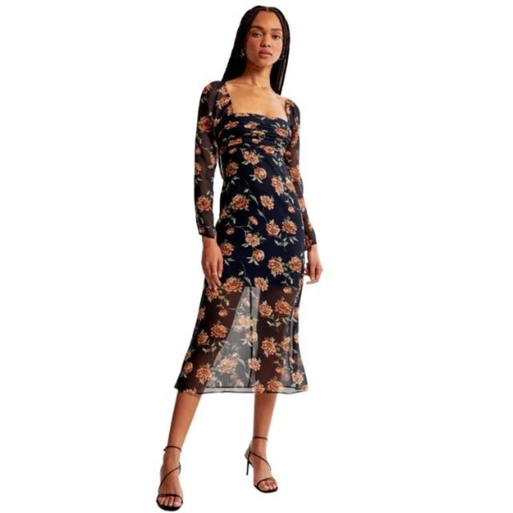 Navy Floral Abercrombie and Fitch NWT Emerson Chiffon Long Sleeve Midi Dress M